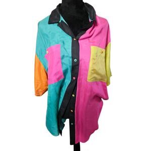 Carole  Little 80s Colorful  100% silk Color block Buttoned Shirt  Size Medium